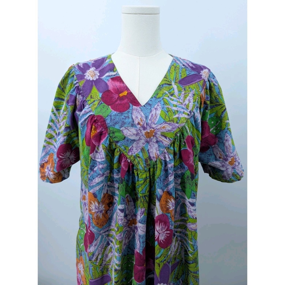 Vtg Fundamentals Floral Ruffle Maxi House Dress Mumu Size L Cotton Tropical
